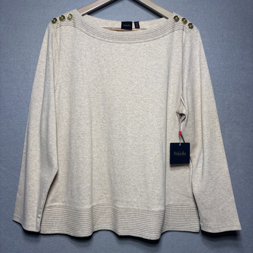 Rafaella Sweater L Gold Button Shoulder Cozy Minimalist Neutral Chic Classic New